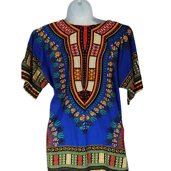Dashiki African Print Short Sleeve Tunic Blouse Top Pockets Ethnic Boho Hippie S - Picture 5 of 6